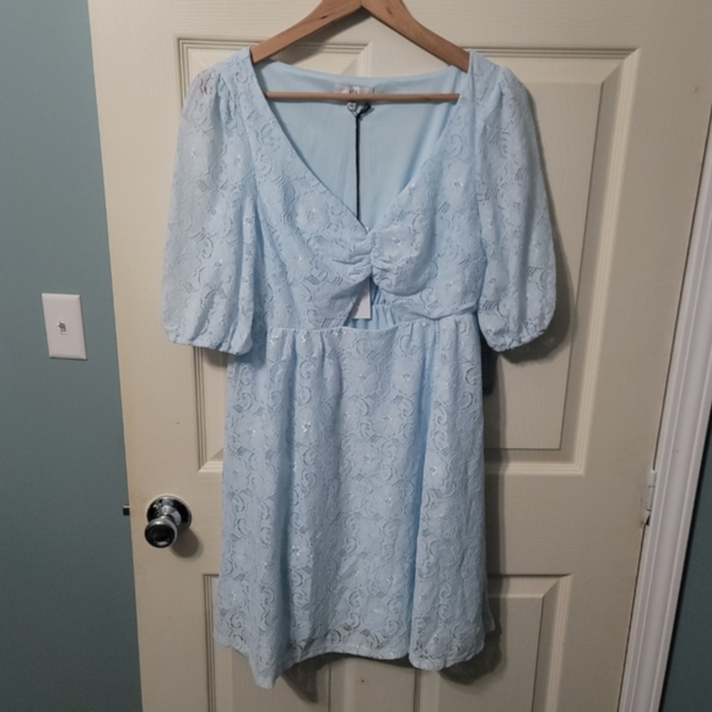 NSR Lt. Blue Puff Half Sleeve Lace Cutout Dress Women's XL NWT